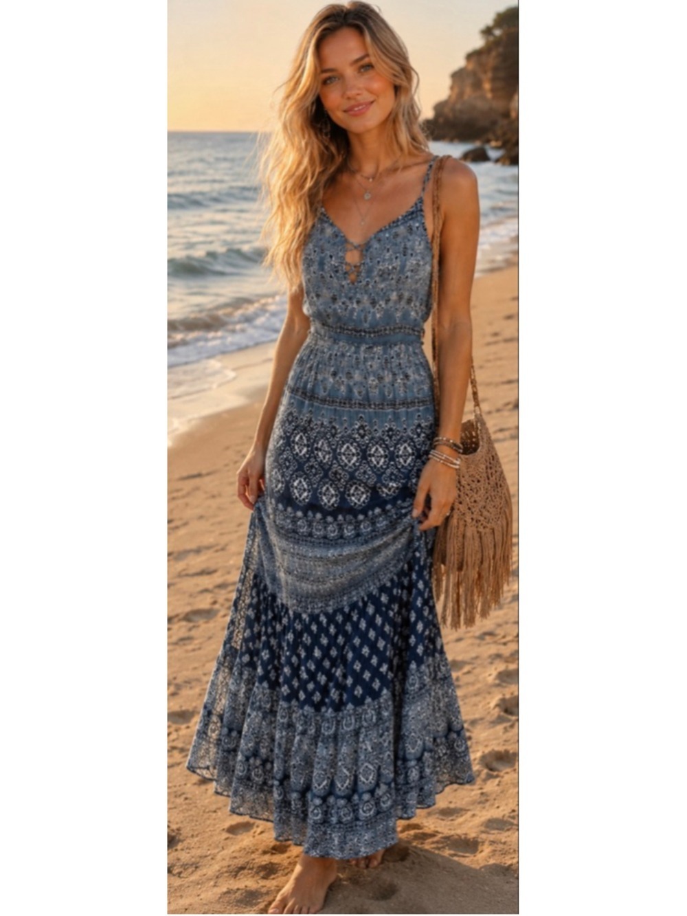 New Patrons of Peace Maxi Dress L Blue White Bohemian